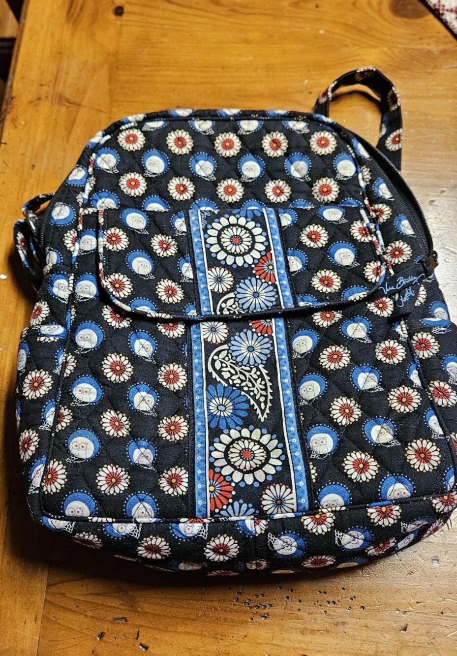 Vera Bradley Night Owl Quilted Bag Interior with  Blue and Black Floral Print